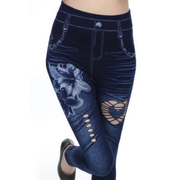 New Sick Fashion Heart Stretchy Jean Style Leggings Lily Hollow Seconds - Picture 2 of 9